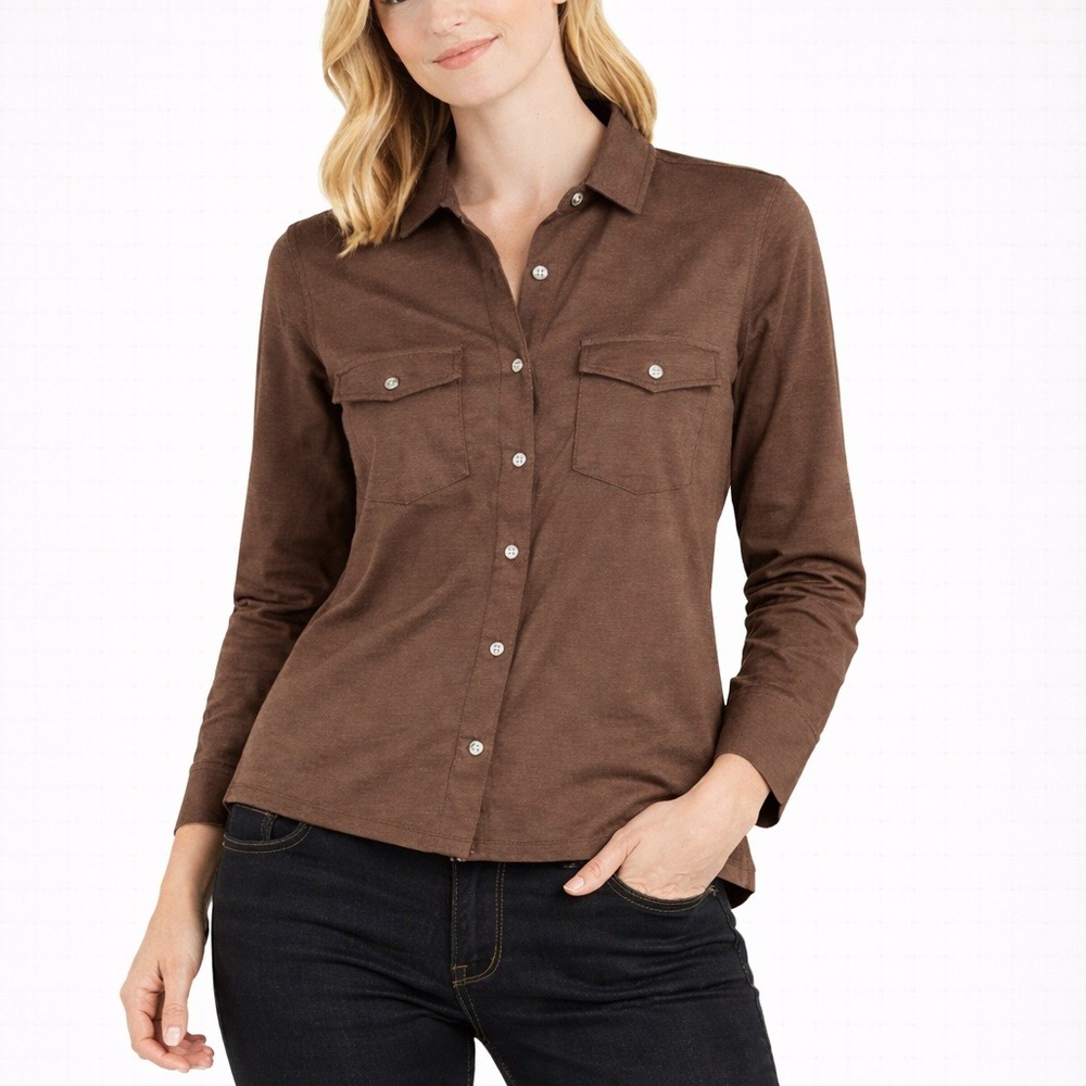 J. McLaughlin Women's Brown Button Front Shirt Stretch Fabric Classic Size L - Picture 1 of 14